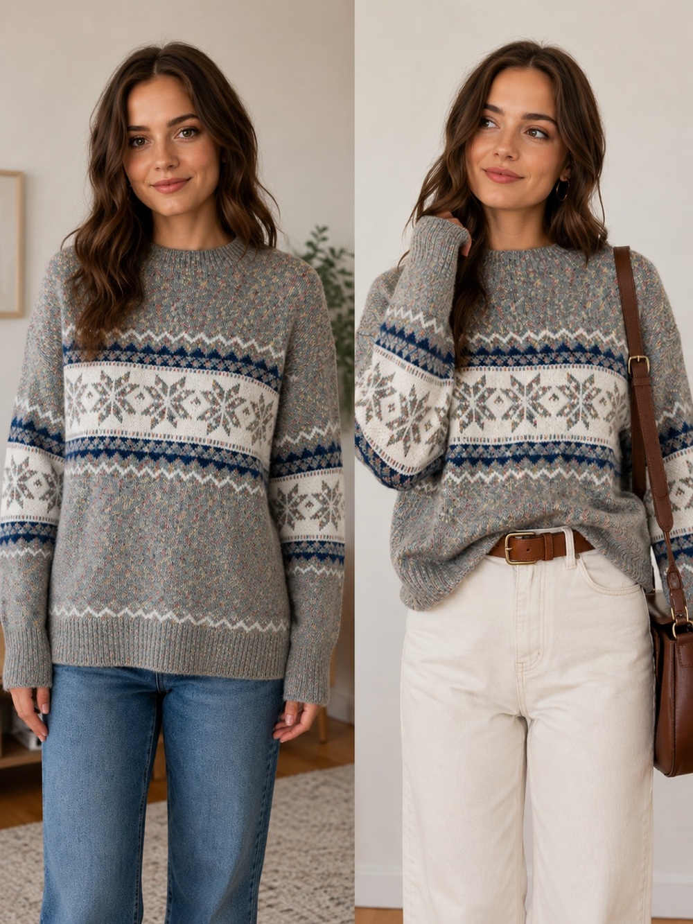 Fair Isle Snowflake Fuzzy Knit Sweater